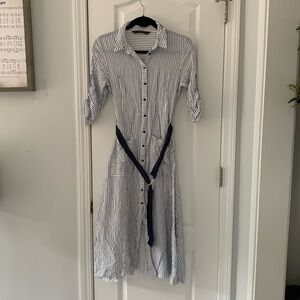 Zara Navy White Striped Midi Shirt Dress sz S nautical classic‎ summer preppy